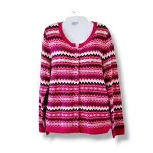 Talbots | Cute Pink/Multicolor Fair Isle Lambswool Blend Knit Cardigan